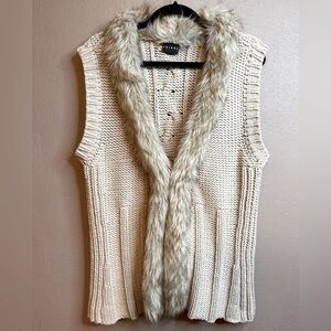 Tribal Faux Fur Trim Chunky Knit Cotton Blend Sweater Vest Jacket Womens XL